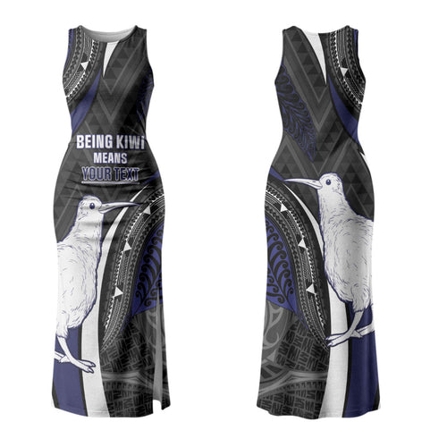 Personalised New Zealand Kiwi Family Matching Tank Maxi Dress and Hawaiian Shirt Silver Fern Tribal Pattern