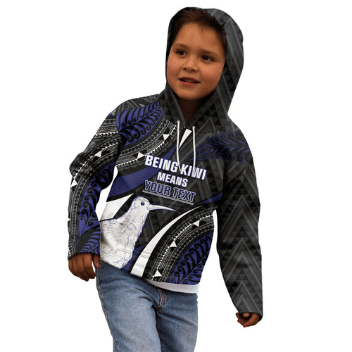 Personalised New Zealand Kiwi Kid Hoodie Silver Fern Tribal Pattern
