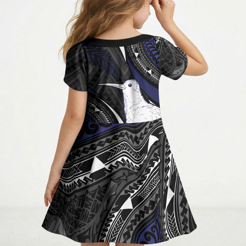Personalised New Zealand Kiwi Kid Short Sleeve Dress Silver Fern Tribal Pattern