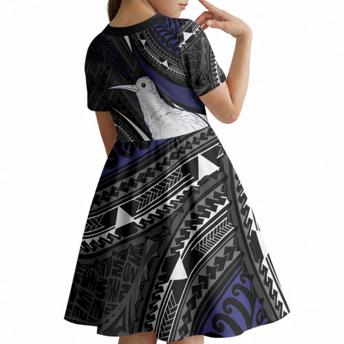Personalised New Zealand Kiwi Kid Short Sleeve Dress Silver Fern Tribal Pattern
