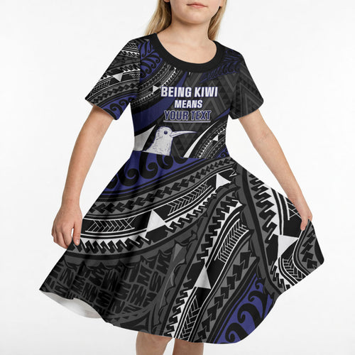 Personalised New Zealand Kiwi Kid Short Sleeve Dress Silver Fern Tribal Pattern