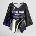 Personalised New Zealand Kiwi Kimono Sleeve Blouse Silver Fern Tribal Pattern