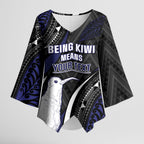 Personalised New Zealand Kiwi Kimono Sleeve Blouse Silver Fern Tribal Pattern