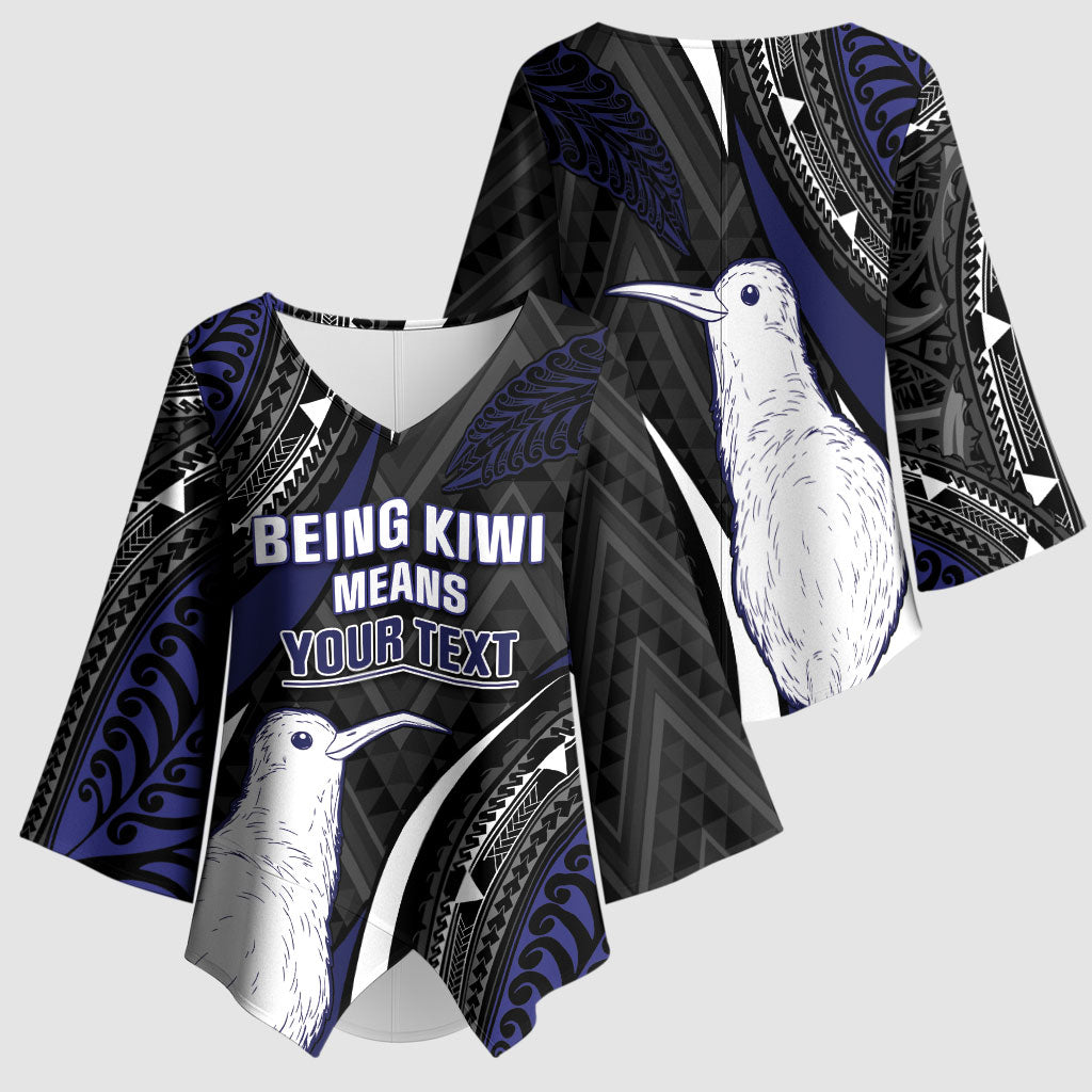Personalised New Zealand Kiwi Kimono Sleeve Blouse Silver Fern Tribal Pattern