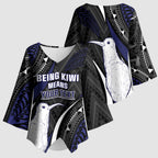 Personalised New Zealand Kiwi Kimono Sleeve Blouse Silver Fern Tribal Pattern