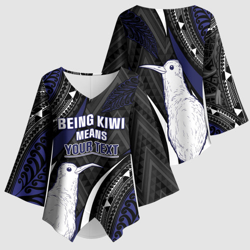 Personalised New Zealand Kiwi Kimono Sleeve Blouse Silver Fern Tribal Pattern