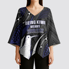 Personalised New Zealand Kiwi Kimono Sleeve Blouse Silver Fern Tribal Pattern