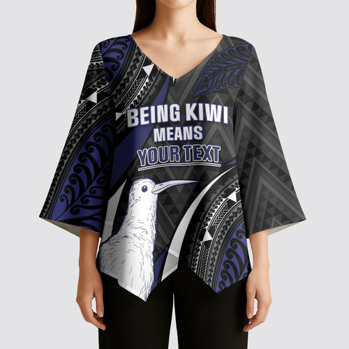 Personalised New Zealand Kiwi Kimono Sleeve Blouse Silver Fern Tribal Pattern