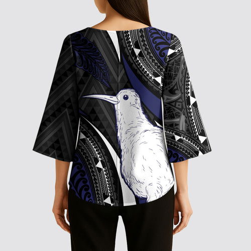 Personalised New Zealand Kiwi Kimono Sleeve Blouse Silver Fern Tribal Pattern