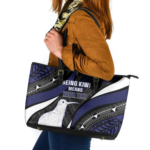 Personalised New Zealand Kiwi Leather Tote Bag Silver Fern Tribal Pattern