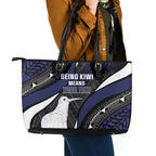 Personalised New Zealand Kiwi Leather Tote Bag Silver Fern Tribal Pattern