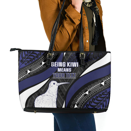Personalised New Zealand Kiwi Leather Tote Bag Silver Fern Tribal Pattern