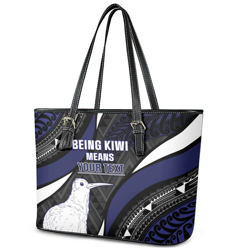 Personalised New Zealand Kiwi Leather Tote Bag Silver Fern Tribal Pattern