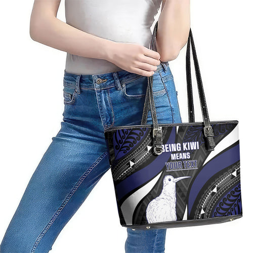 Personalised New Zealand Kiwi Leather Tote Bag Silver Fern Tribal Pattern