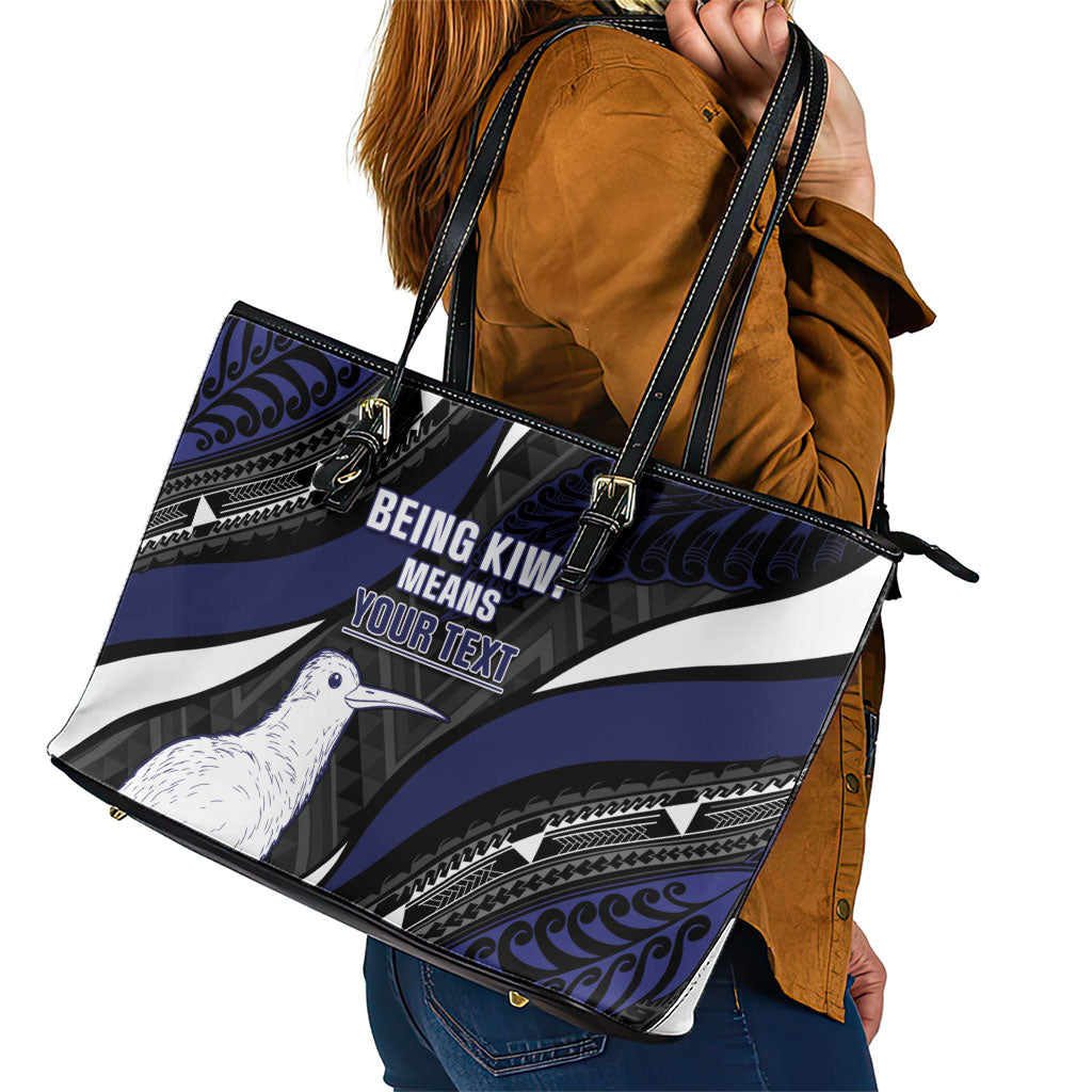 Personalised New Zealand Kiwi Leather Tote Bag Silver Fern Tribal Pattern
