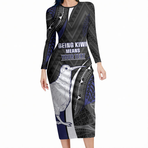 Personalised New Zealand Kiwi Long Sleeve Bodycon Dress Silver Fern Tribal Pattern