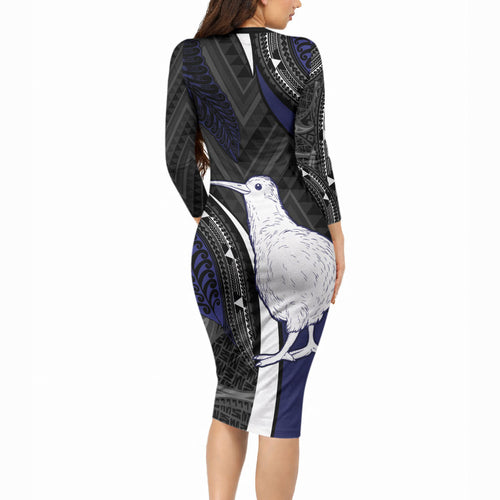 Personalised New Zealand Kiwi Long Sleeve Bodycon Dress Silver Fern Tribal Pattern