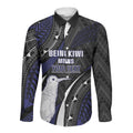 Personalised New Zealand Kiwi Long Sleeve Button Shirt Silver Fern Tribal Pattern