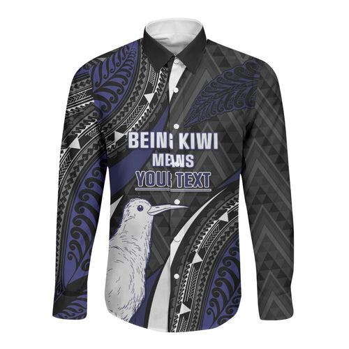 Personalised New Zealand Kiwi Long Sleeve Button Shirt Silver Fern Tribal Pattern