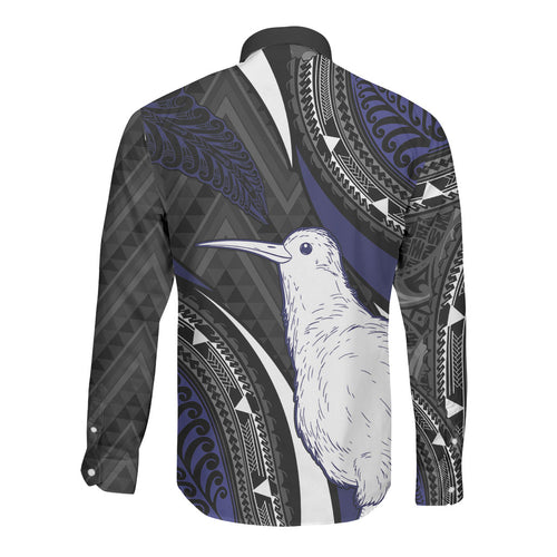 Personalised New Zealand Kiwi Long Sleeve Button Shirt Silver Fern Tribal Pattern