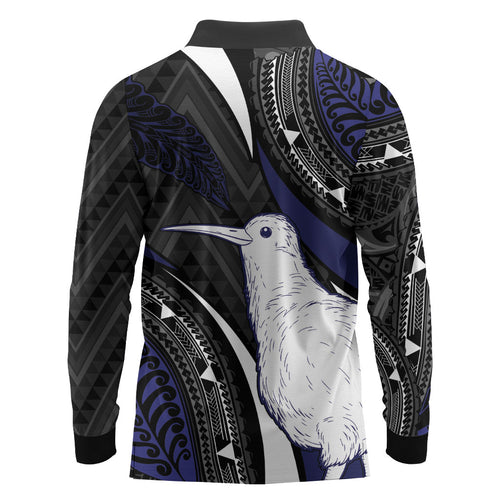 Personalised New Zealand Kiwi Long Sleeve Polo Shirt Silver Fern Tribal Pattern