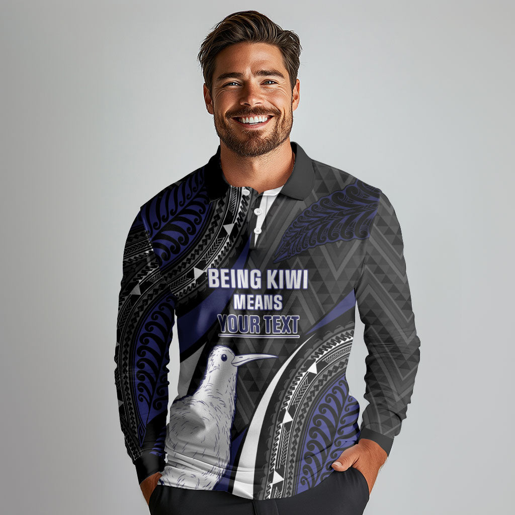 Personalised New Zealand Kiwi Long Sleeve Polo Shirt Silver Fern Tribal Pattern