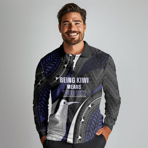 Personalised New Zealand Kiwi Long Sleeve Polo Shirt Silver Fern Tribal Pattern