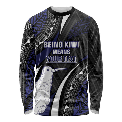 Personalised New Zealand Kiwi Long Sleeve Shirt Silver Fern Tribal Pattern