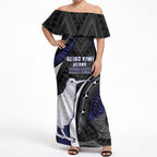 Personalised New Zealand Kiwi Off Shoulder Maxi Dress Silver Fern Tribal Pattern