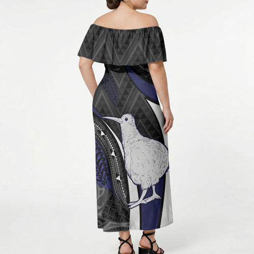 Personalised New Zealand Kiwi Off Shoulder Maxi Dress Silver Fern Tribal Pattern