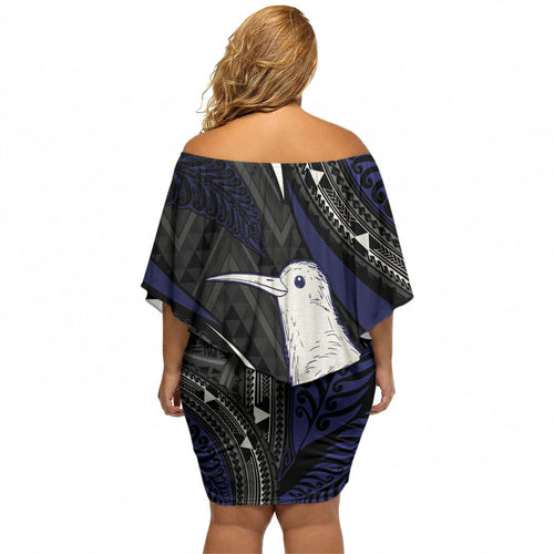 Personalised New Zealand Kiwi Off Shoulder Short Dress Silver Fern Tribal Pattern