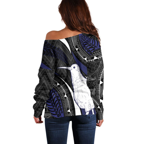 Personalised New Zealand Kiwi Off Shoulder Sweater Silver Fern Tribal Pattern