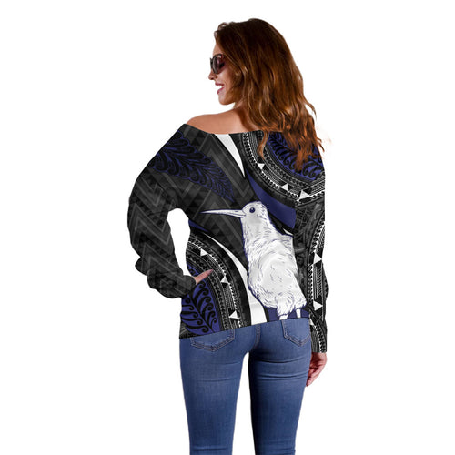 Personalised New Zealand Kiwi Off Shoulder Sweater Silver Fern Tribal Pattern