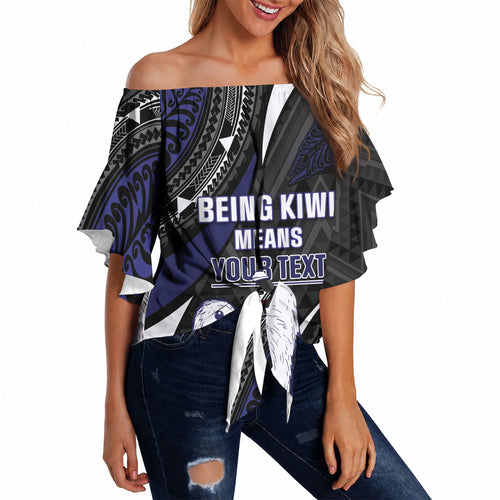 Personalised New Zealand Kiwi Off Shoulder Wrap Waist Top Silver Fern Tribal Pattern