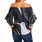 Personalised New Zealand Kiwi Off Shoulder Wrap Waist Top Silver Fern Tribal Pattern