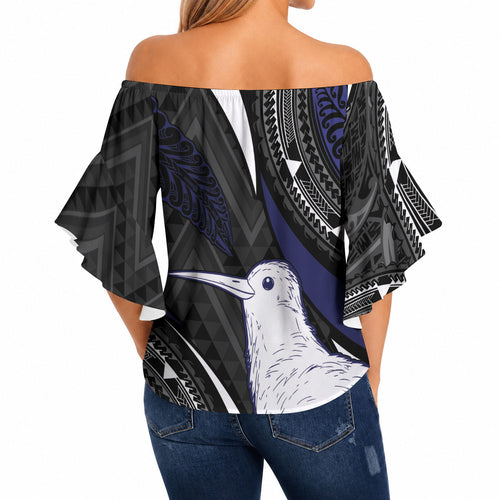 Personalised New Zealand Kiwi Off Shoulder Wrap Waist Top Silver Fern Tribal Pattern