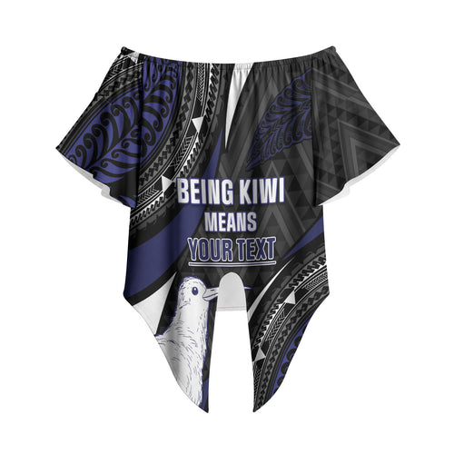 Personalised New Zealand Kiwi Off Shoulder Wrap Waist Top Silver Fern Tribal Pattern