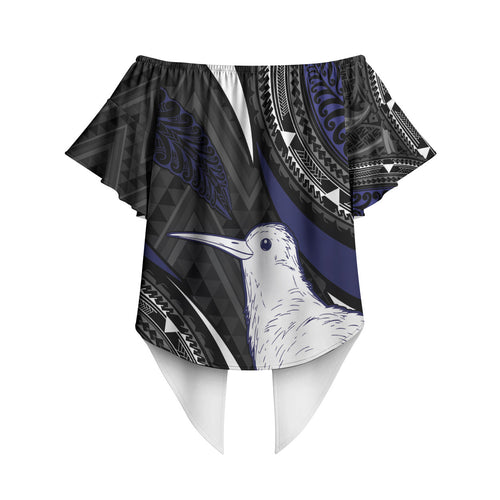 Personalised New Zealand Kiwi Off Shoulder Wrap Waist Top Silver Fern Tribal Pattern