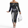 Personalised New Zealand Kiwi Off The Shoulder Long Sleeve Dress Silver Fern Tribal Pattern