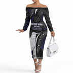 Personalised New Zealand Kiwi Off The Shoulder Long Sleeve Dress Silver Fern Tribal Pattern