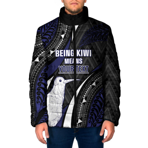 Personalised New Zealand Kiwi Padded Jacket Silver Fern Tribal Pattern