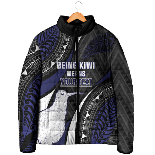 Personalised New Zealand Kiwi Padded Jacket Silver Fern Tribal Pattern