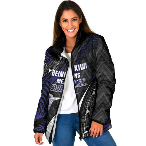 Personalised New Zealand Kiwi Padded Jacket Silver Fern Tribal Pattern