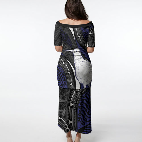 Personalised New Zealand Kiwi Puletasi Silver Fern Tribal Pattern