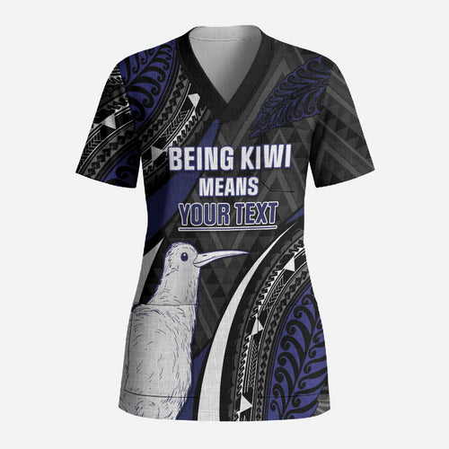 Personalised New Zealand Kiwi Scrub Top Silver Fern Tribal Pattern