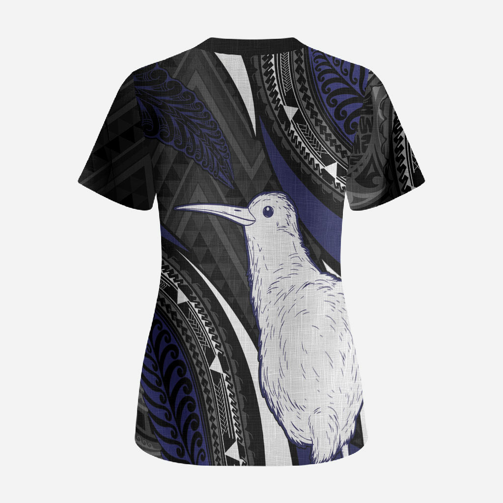 Personalised New Zealand Kiwi Scrub Top Silver Fern Tribal Pattern