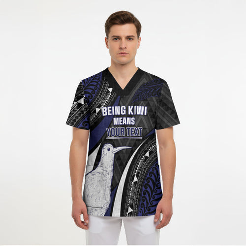 Personalised New Zealand Kiwi Scrub Top Silver Fern Tribal Pattern