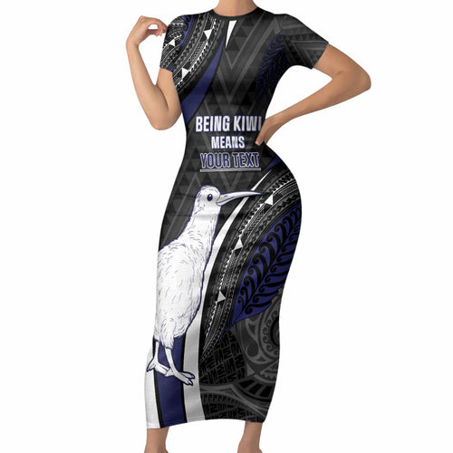Personalised New Zealand Kiwi Short Sleeve Bodycon Dress Silver Fern Tribal Pattern