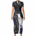 Personalised New Zealand Kiwi Short Sleeve Bodycon Dress Silver Fern Tribal Pattern