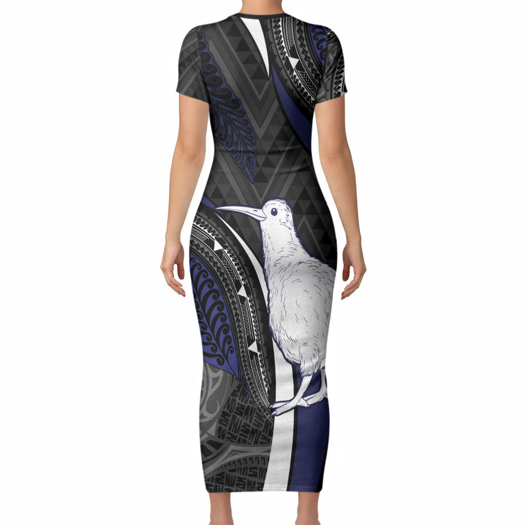 Personalised New Zealand Kiwi Short Sleeve Bodycon Dress Silver Fern Tribal Pattern